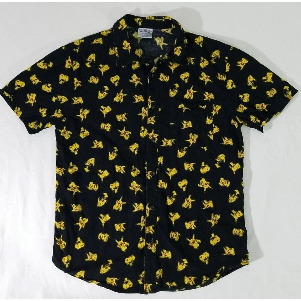 Pokemon Pikachu Print Button Down Shirt Adult Size Small Black Yellow Official